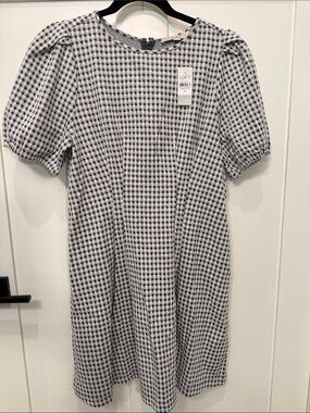 LOFT Grey and White Gingham Puff-Sleeve Dress